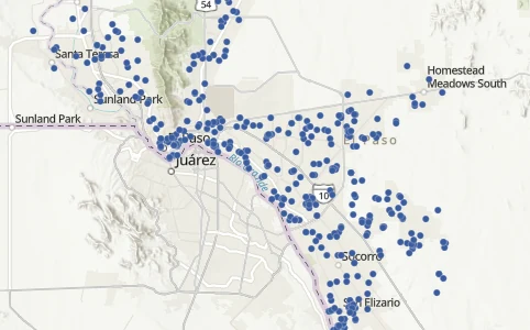 Map of the El Paso–Juárez border region with blue dots marking where consented biospecimens were collected.
