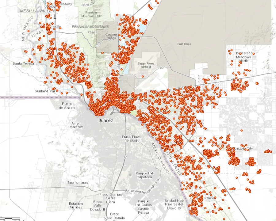 Map of the El Paso border region with orange dots marking the home locations of Paso del Norte cohort participants.