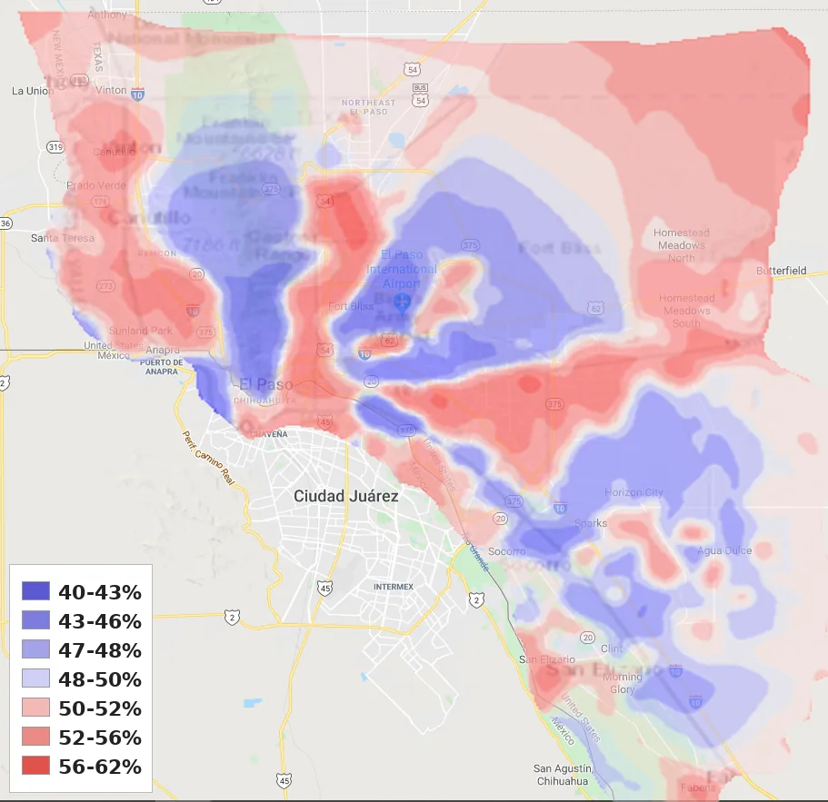 Map of the El Paso region shaded by predicted probability of metabolic syndrome from the land-use regression model, from 40% in blue to 62% in red.