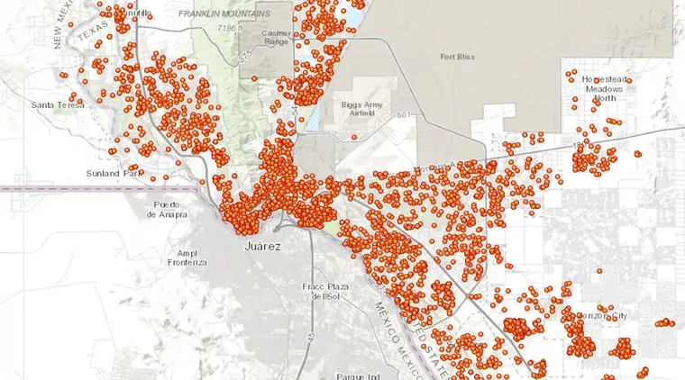 Map of the El Paso–Ciudad Juárez border region with orange dots marking cohort participant residences.