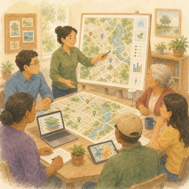 Community group reviewing GIS maps, environmental layers, and local exposure information.