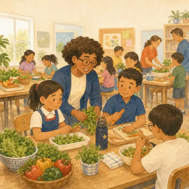 Nutrition education activity with children preparing fresh foods in a classroom.