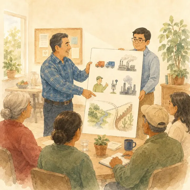 Community members and a researcher reviewing environmental exposure priorities and monitoring data.