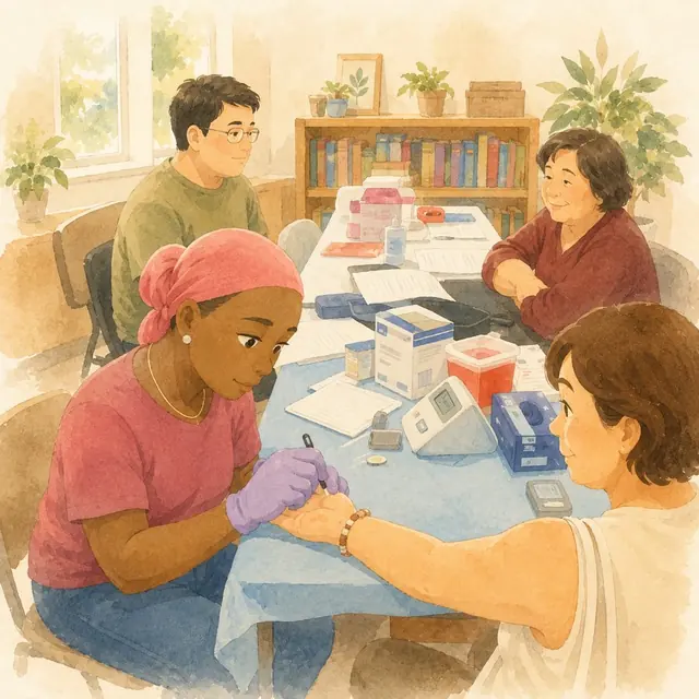 Community health screening with fingerstick testing and health assessment materials.