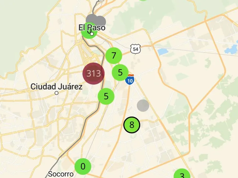 Real-time air-quality sensor map of the El Paso and Ciudad Juarez region.