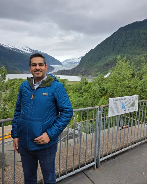 Dr. Juan Aguilera at Mendenhall Glacier during the ASPIRE Immersive Institute in Juneau, Alaska.