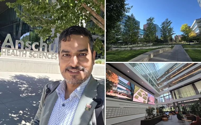 Three photos from the University of Colorado Anschutz campus: Dr. Juan Aguilera beside the Anschutz Health Sciences sign, a campus walkway, and the Marcy and Bruce Benson Atrium.