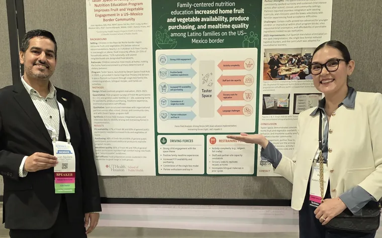 Dr. Juan Aguilera and Dr. Karen Del Rio beside their Taster Space research poster at NUTRITION 2026.