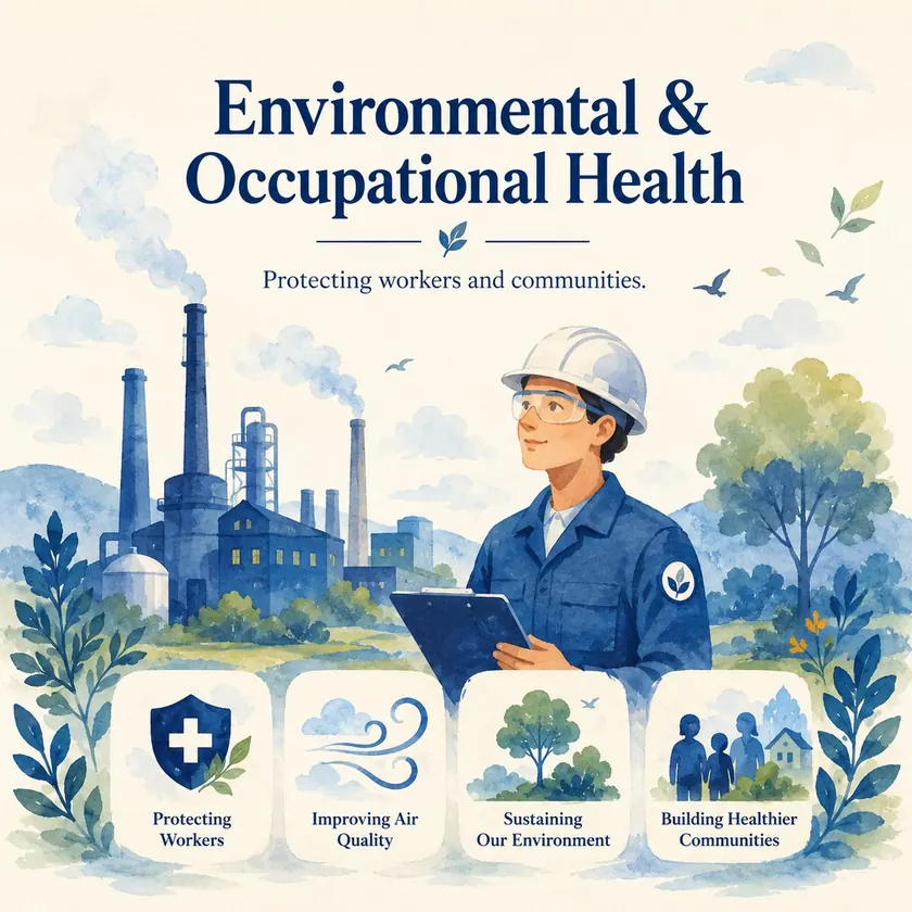 Watercolor-style illustration introducing the environmental and occupational health pillar.