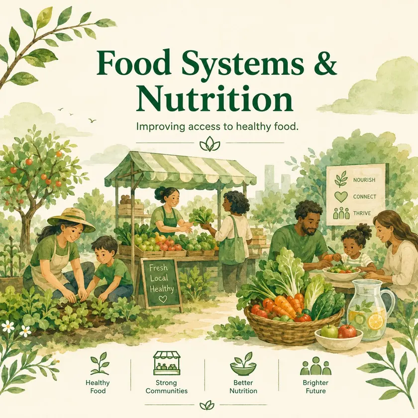 Watercolor-style illustration introducing the food systems and nutrition pillar.
